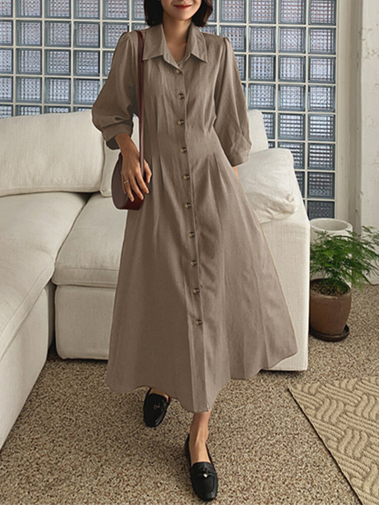 

Solid Button Pleated 3/4 Sleeve Lapel Knotted Shirt Dress