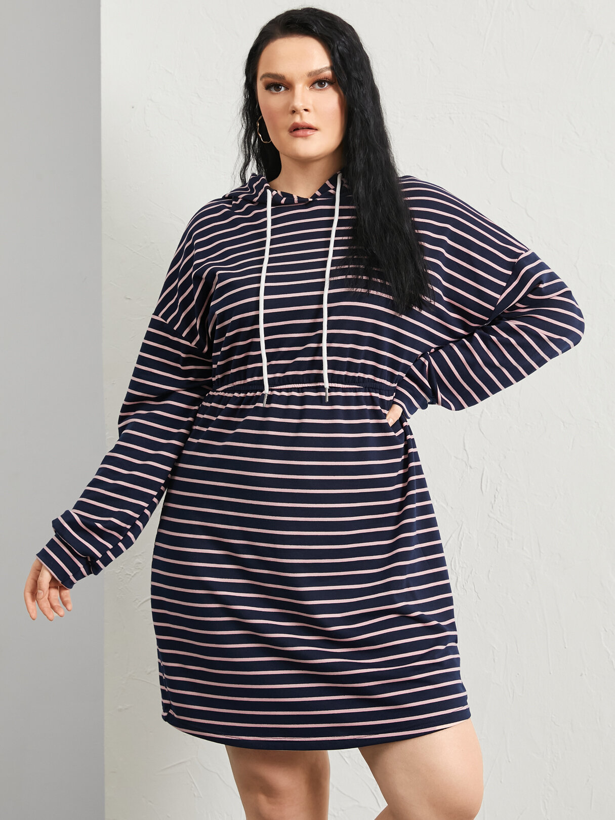 Plus Size Hooded Striped Hooded Design Dress