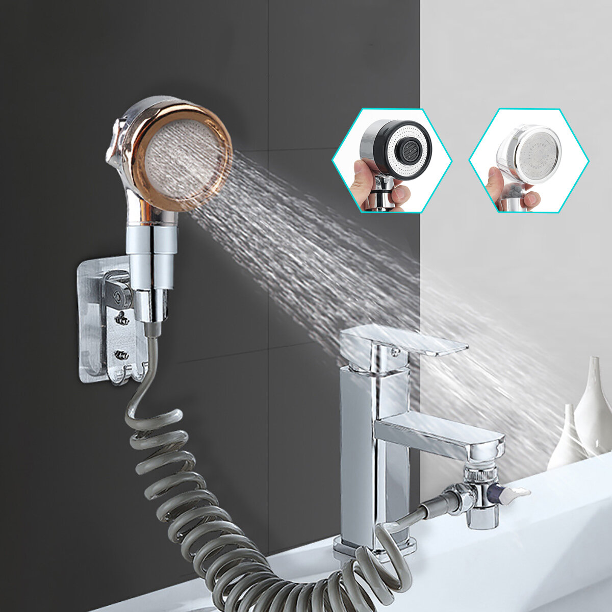 Bathroom Wash Face Basin Water Tap External Shower Head HandHeld Bidet Sprayer Wash Jet Diverter Kit