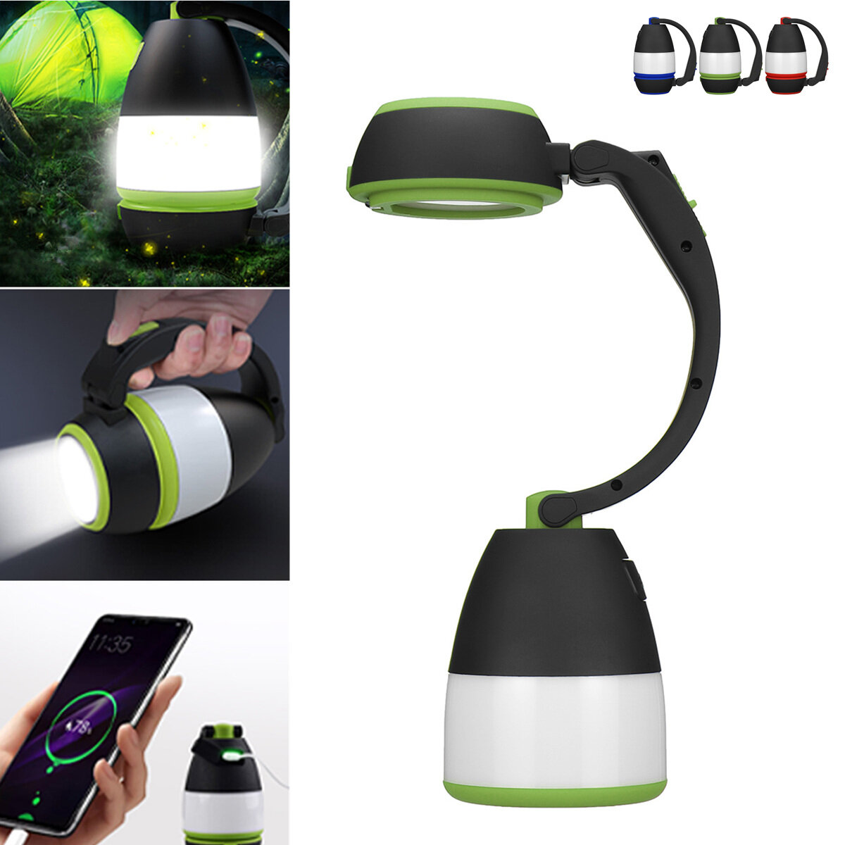 Lanterna 3 em 1 Lâmpada de mesa 5W Luz de leitura ajustável de 180 ° Luz de acampamento recarregável de 3 modos USB com função de banco de energia