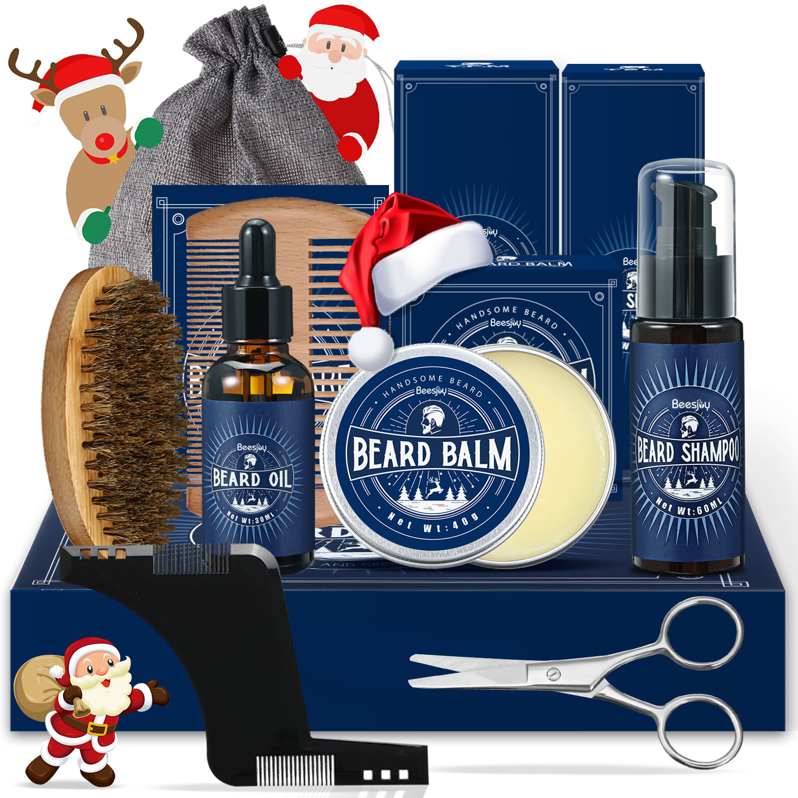 Beesjuy Baard Kit Baard Grooming Kit voor Mannen met Crème Shampoo Borstel Kam Schaar Styling Kam Bi