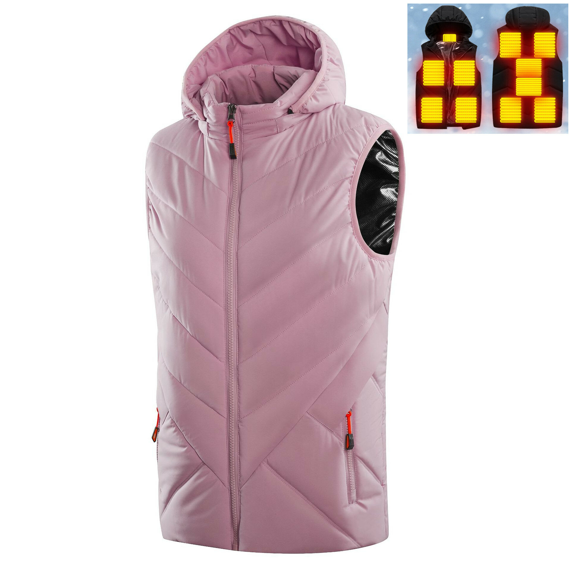 Gilet riscaldato per donne con 11 zone di riscaldamento, giacca senza maniche in cotone lavabile con cappello e riscaldamento USB per esterni, abbigliamento rosa