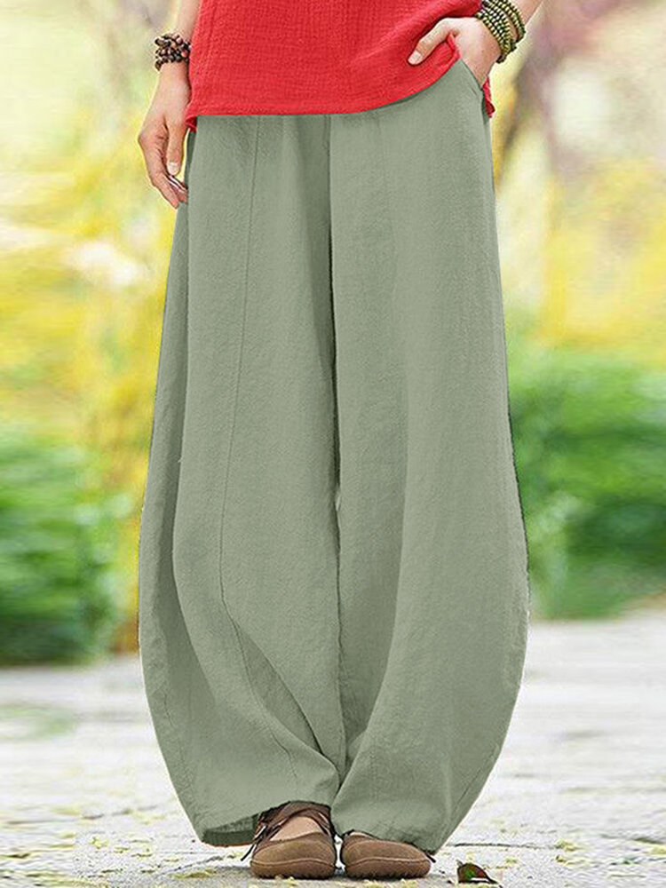 Solid Pocket Elastic Waist Cotton Casual Pants