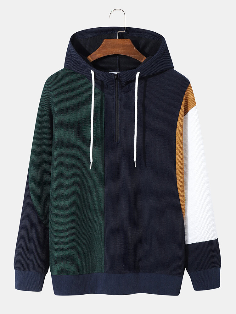 Mens Preppy Style Color Block Half-Zip Hooded Sweatshirt