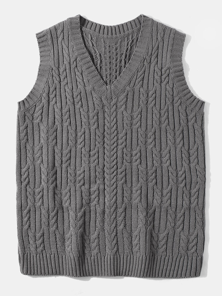 

Mens Cable Knit V-Neck Solid Color Casual Sleevless Vests