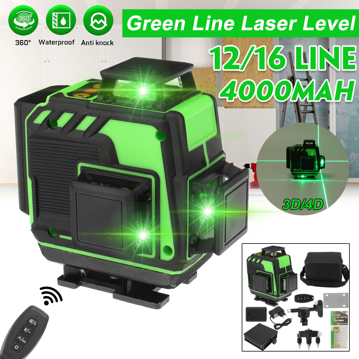 

12/16 Line 4D 360° Rotary Green Light Laser Level Self Leveling Cross Measure Tool Set
