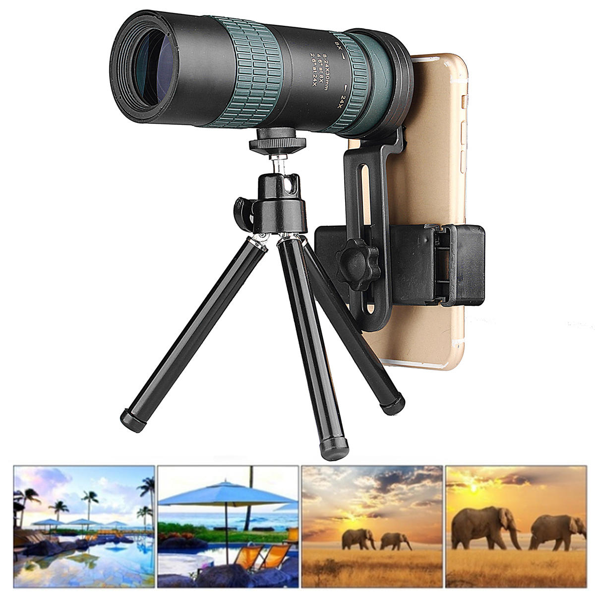 Monocular de zoom ajustável 8-24X30 com lente BAK4 e foco duplo para uso ao ar livre durante o acampamento.