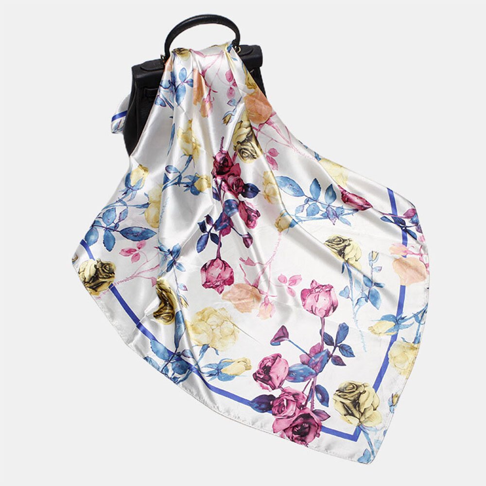 

Women 90cm Imitation Silk Flowers Pattern Elegant Multi-purpose Keep Warm Wide Square Scarf Shawl