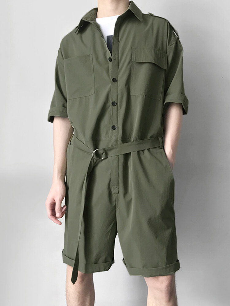 Mens military style pockets workwear rompers belt loose overalls ...