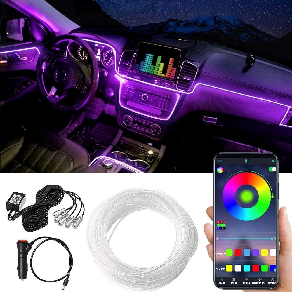 1IN1 2M RGB LED Atmosphere Car Interior Ambient Light Fiber Optic Strips Light by App Control Neon LED Auto Decorative L