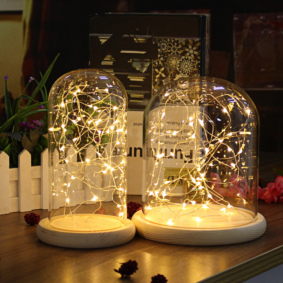 Helder glazen display Dome Cloche Bell Jar houten basis DIY Decoraties met 20 LED Fairy String Light