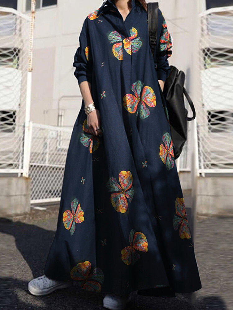 

Женщины Ретро Цветочный Принт Лацкан Богемный Свободный Длинный Рукав Макси Рубашка Платье С Карманом