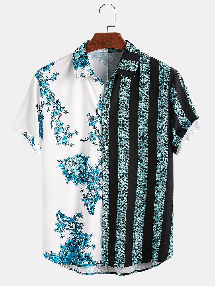 

Men 100% Cotton Porcelain Stripe Mixed Print Short Sleeve Casual Holiday Shirts