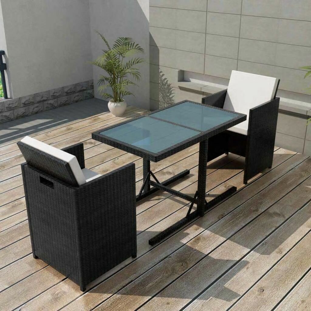

3 Piece Outdoor Dinner Furniture Set Bistro Set with Cushions Poly Rattan Black Black