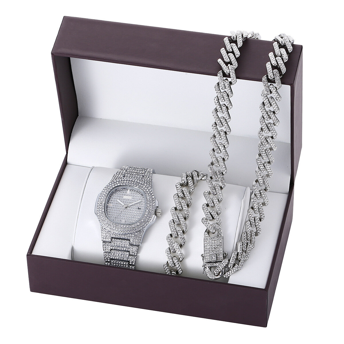 3PCS / Set Luxury Fashion Men Watch Set Inlaid Rhinestones Steel Strap Quartz Watch Necklace Bracele