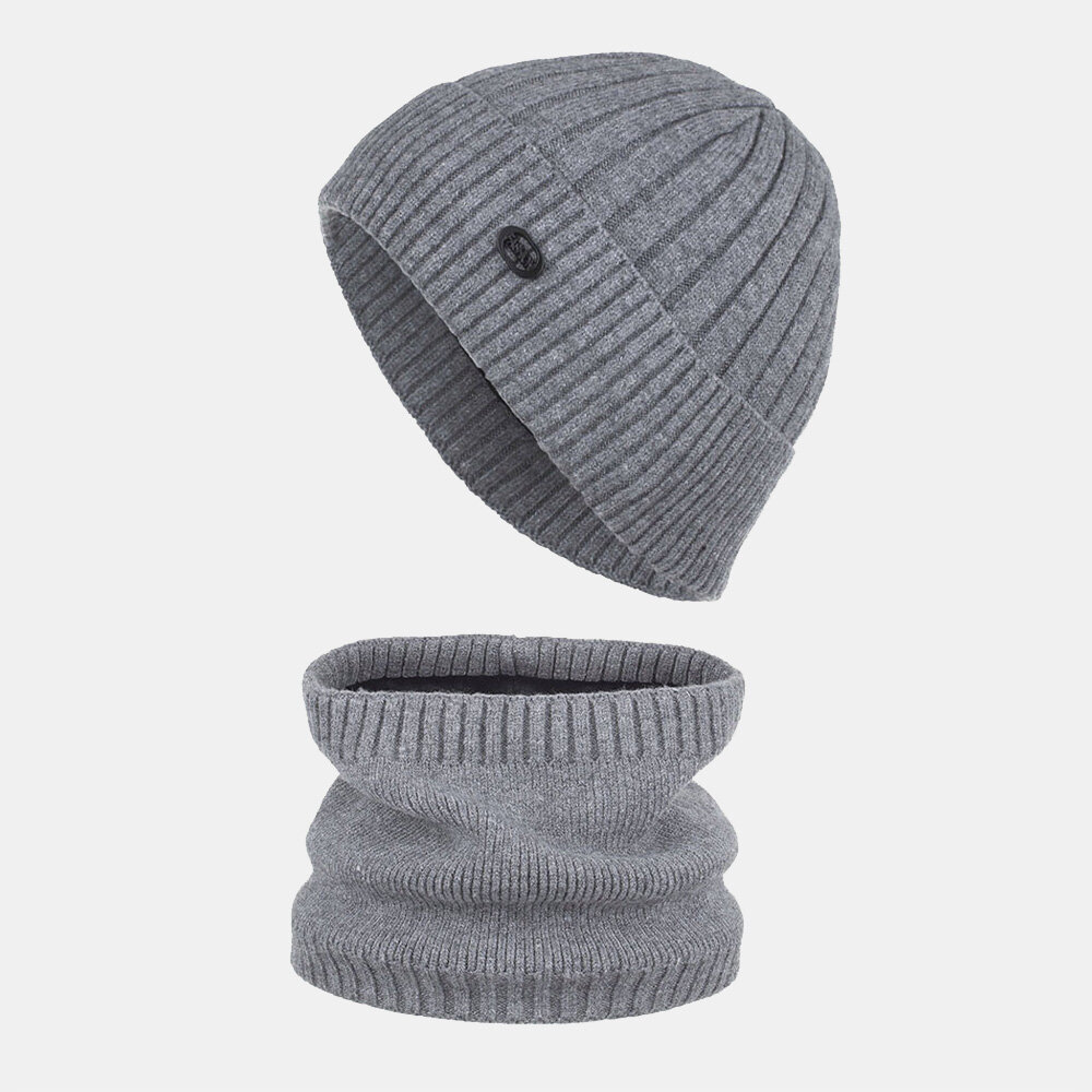 Unisex Thick Striped Iron Label Knitted Hat Scarf Set Autumn Winter Plus Velvet Thicken Warm Bib Beanie Hat
