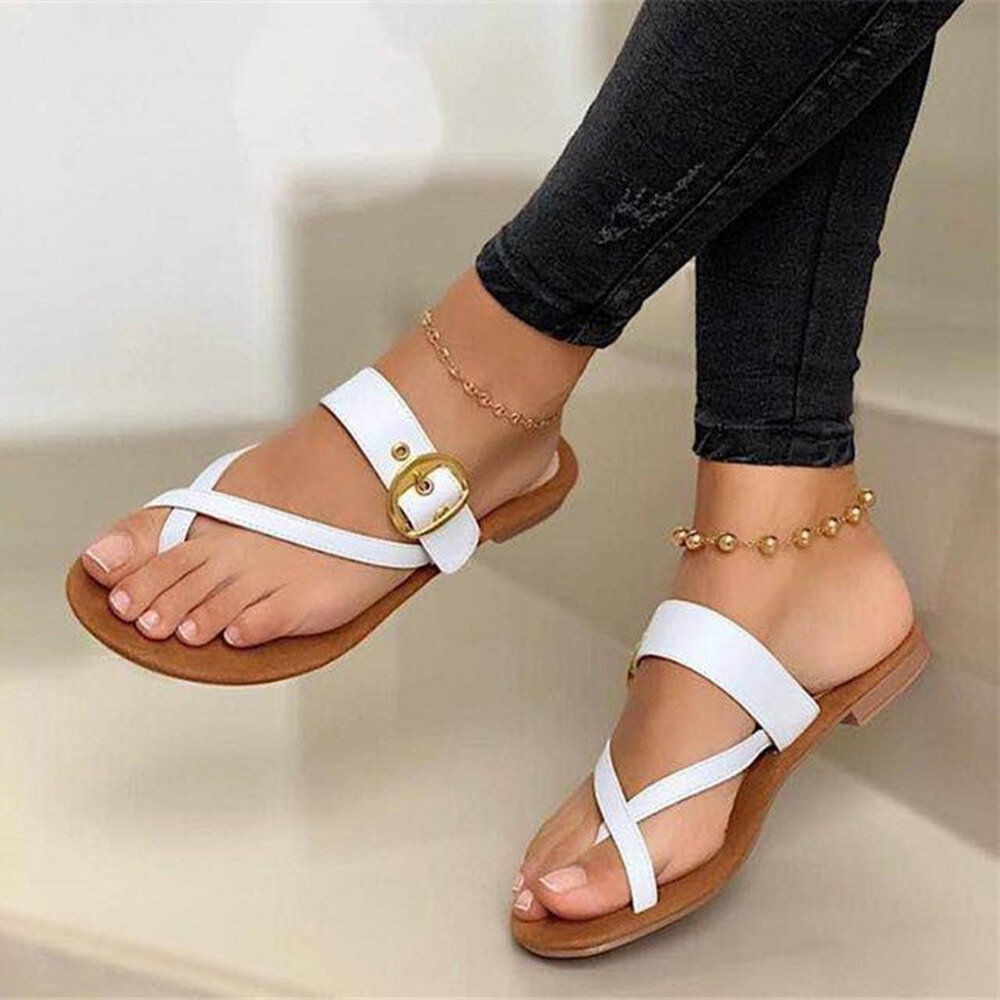 Plus Size Women Casual Summer Vacation Belt Buckle Embellished Thumb Slippers