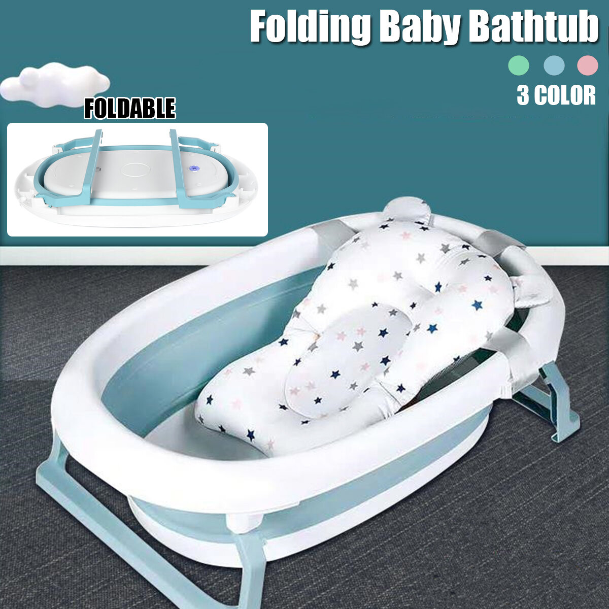 Folding Baby Bathtub Newborn Toddler Collapsible Bath Support w/ Cushion BlueGreen Pink