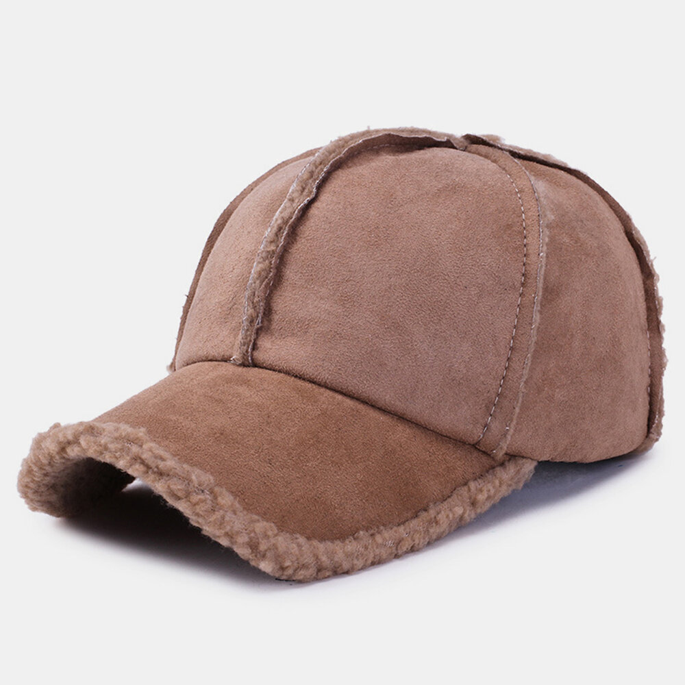 Men Cashmere Lamb Hair Winter Keep Warm Curved Brim Casual Solid Brief Sun Hat Baseball Hat