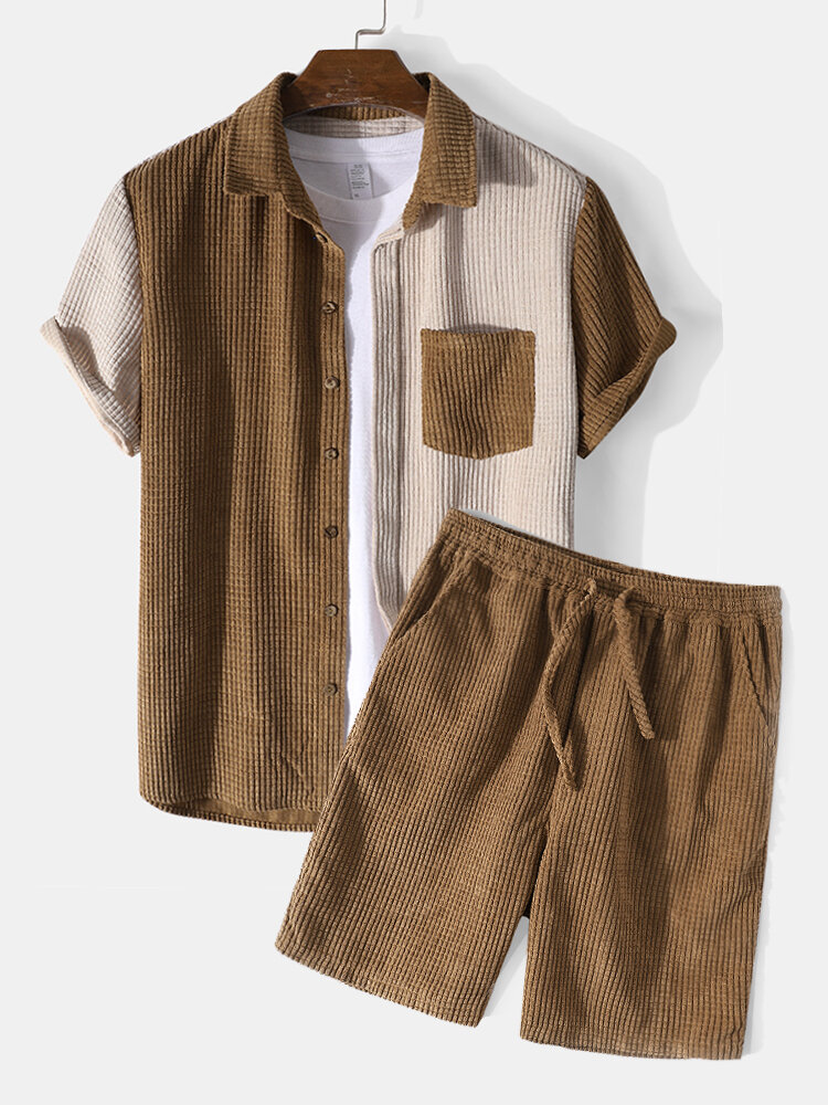 

Mens Contrast Color Corduroy Short Sleeve Loungewear Two-Piece Outfits