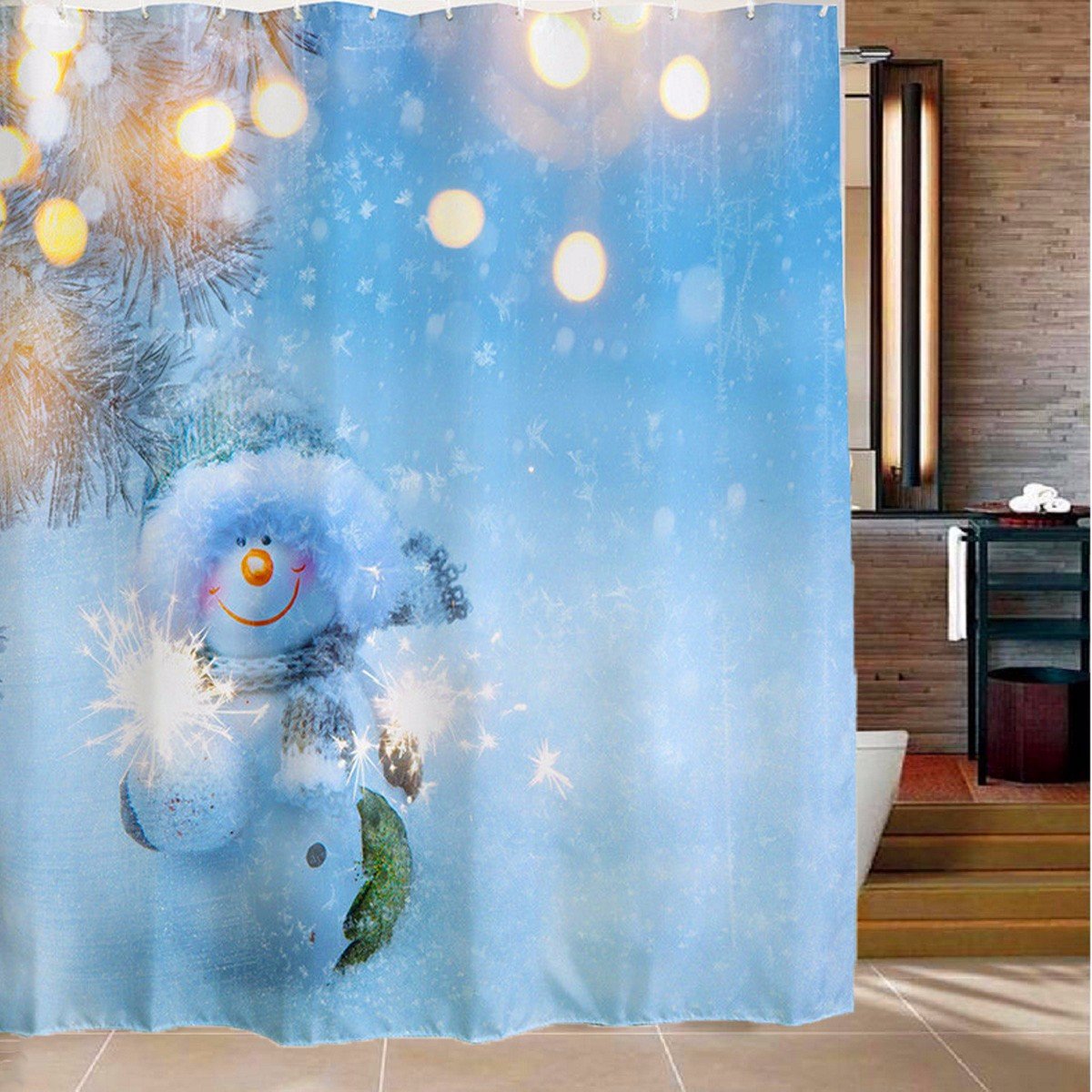 180x180cm Snowman Pattern Waterproof Polyester Shower Curtain Bathroom Decor with 12 Hooks