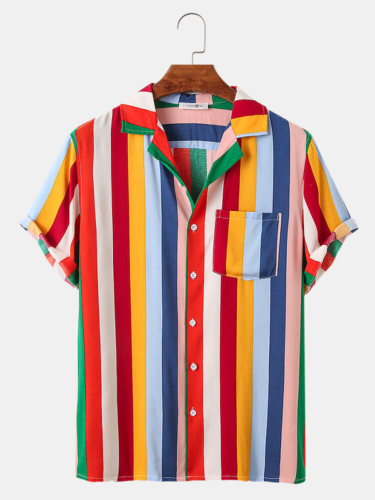 

Casual Multicolor Vertical Stripes Mens Short Sleeve Cotton Shirts With Pocket