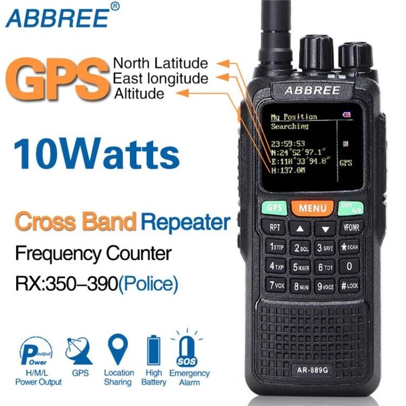 ABBREE AR-889G GPS SOS Walkie Talkie 10W 999CH Duplex Repeater Nachtmodus Dual Band VHF UHF Jachtrad