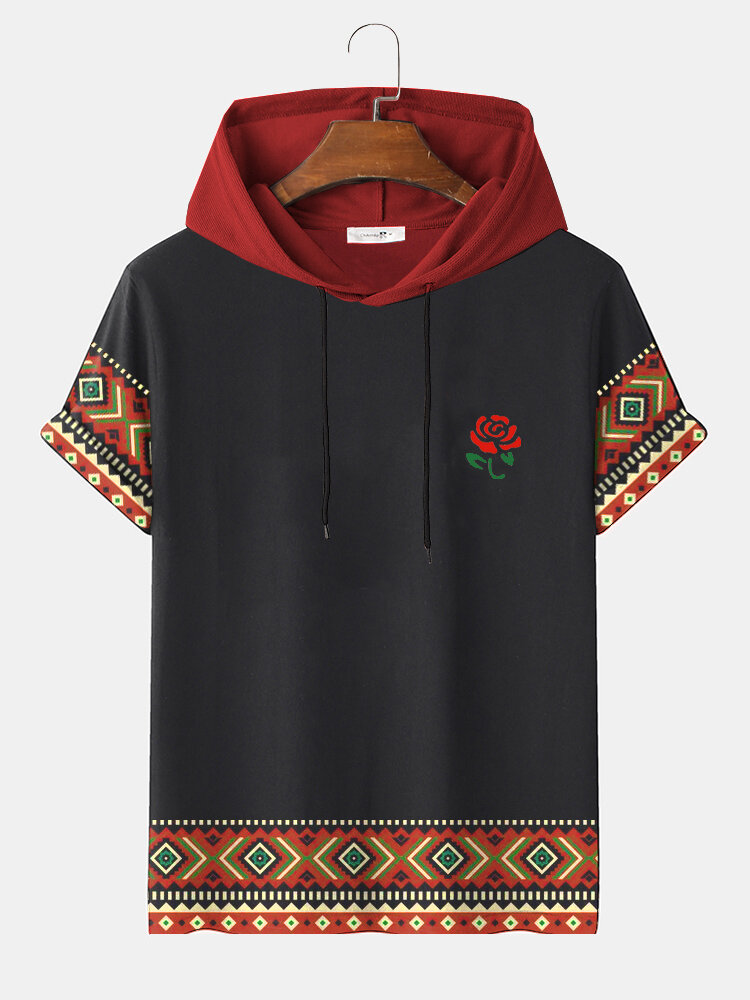 Mens Rose Ethnic Geometric Print Short Sleeve Drawstring Hooded T-Shirts