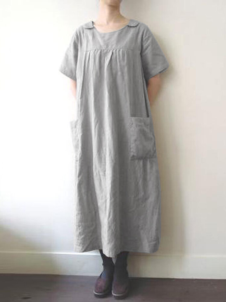 Plus Size Women Solid Pleated Doll Collar Plain Short Sleeve Maxi Dresses