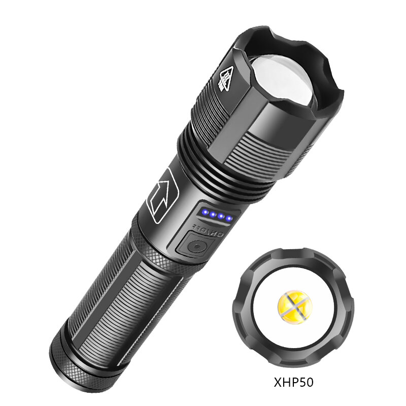 XANES® XHP50 1800lm Kit de lampe de poche zoomable longue portée puissante avec 18650 Li-ion Batterie USB rechargeable et affichage de l'alimentation Mini lampe tactique réglable de mise au point de la torche