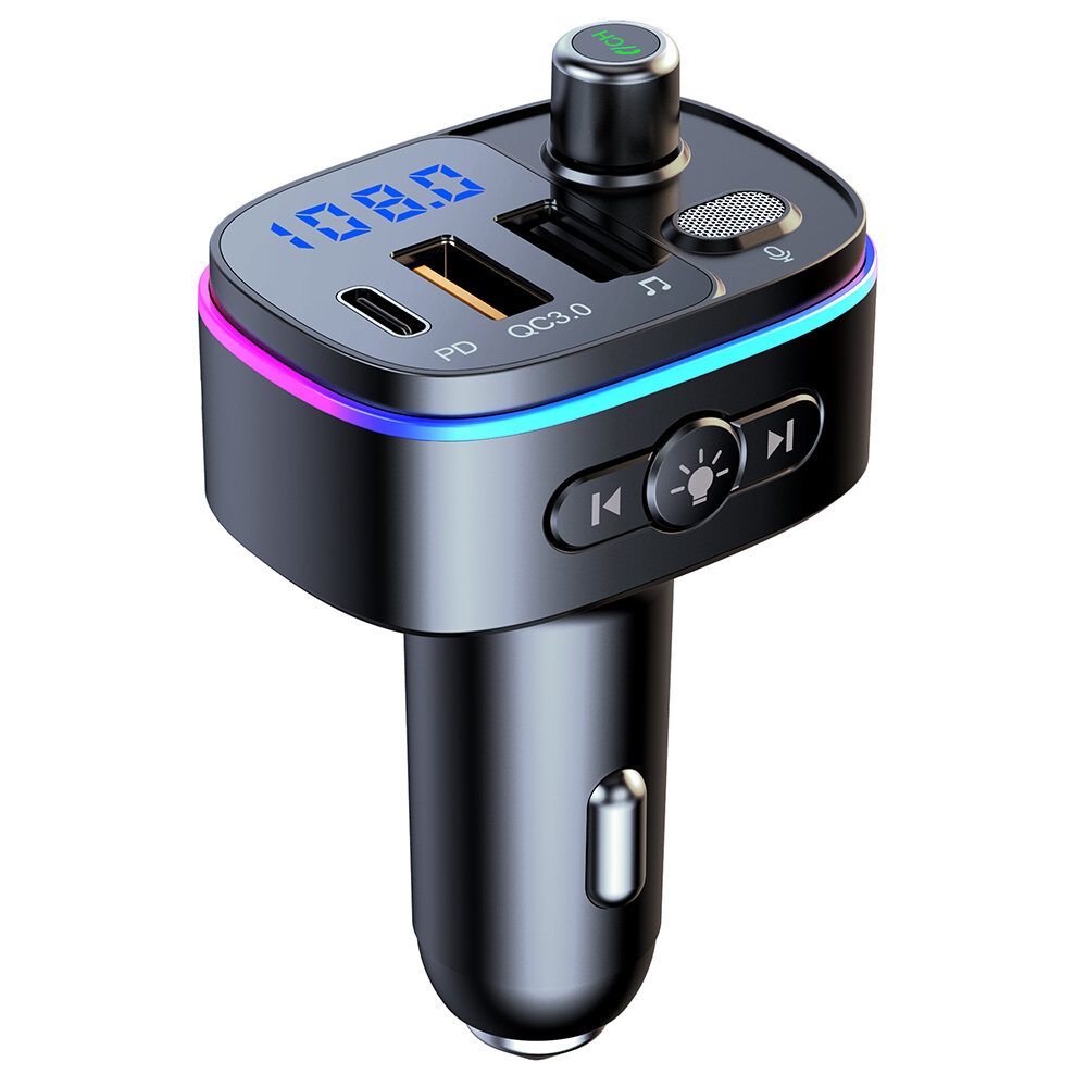 

T65 bluetooth V5.0 FM Transmitter 18W PD + QC3.0 USB Car Charger 9 Colors Atmosphere Lights Siri Voice Control Hands-fre