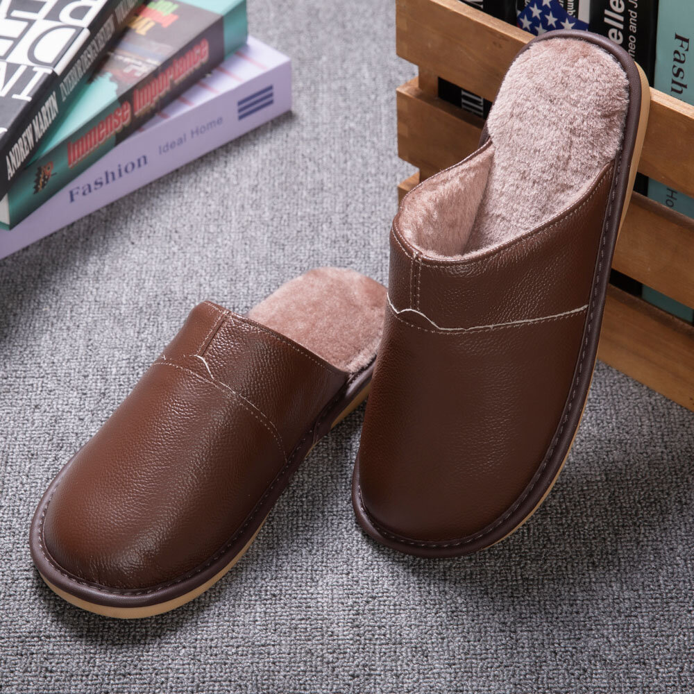 Men Winter Thick-soled Non-slip Warmth Comfy Leather Home Cotton Slippers