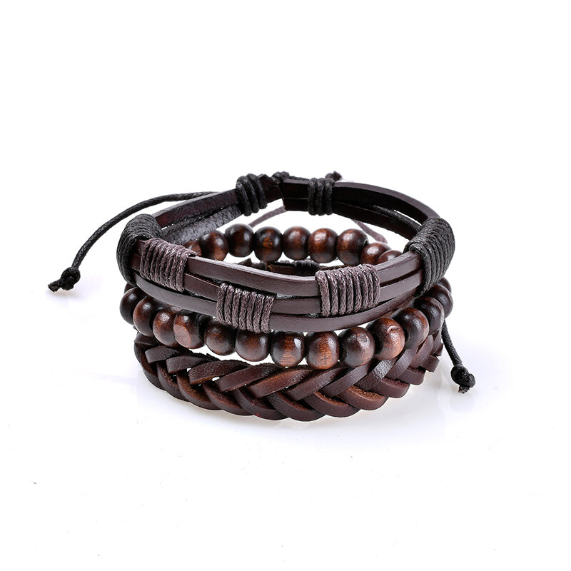 

3 Pcs Men's Leather Bead Braided Bracelet Multilayer Bangle Wristband Vintage Male Jewelry