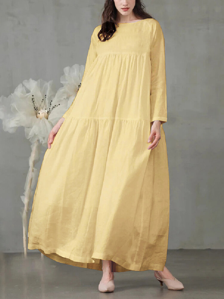 Casual mosterdgele losse maxi-jurk met lange mouwen