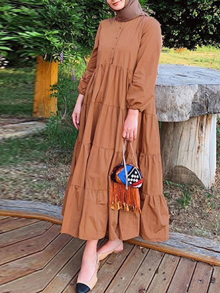 

Women Solid Color Puff Sleeve Lace-Up Button Casual Loose Tiered Layered Maxi Dress