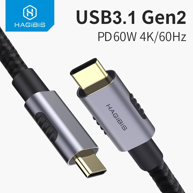 HAGIBIS 60W USB-C to USB-C Data Cable 3A 4K/60Hz GEN2 Male to Male PD Fast Charging Cord for Macbook Huawei P30 P40 Pro