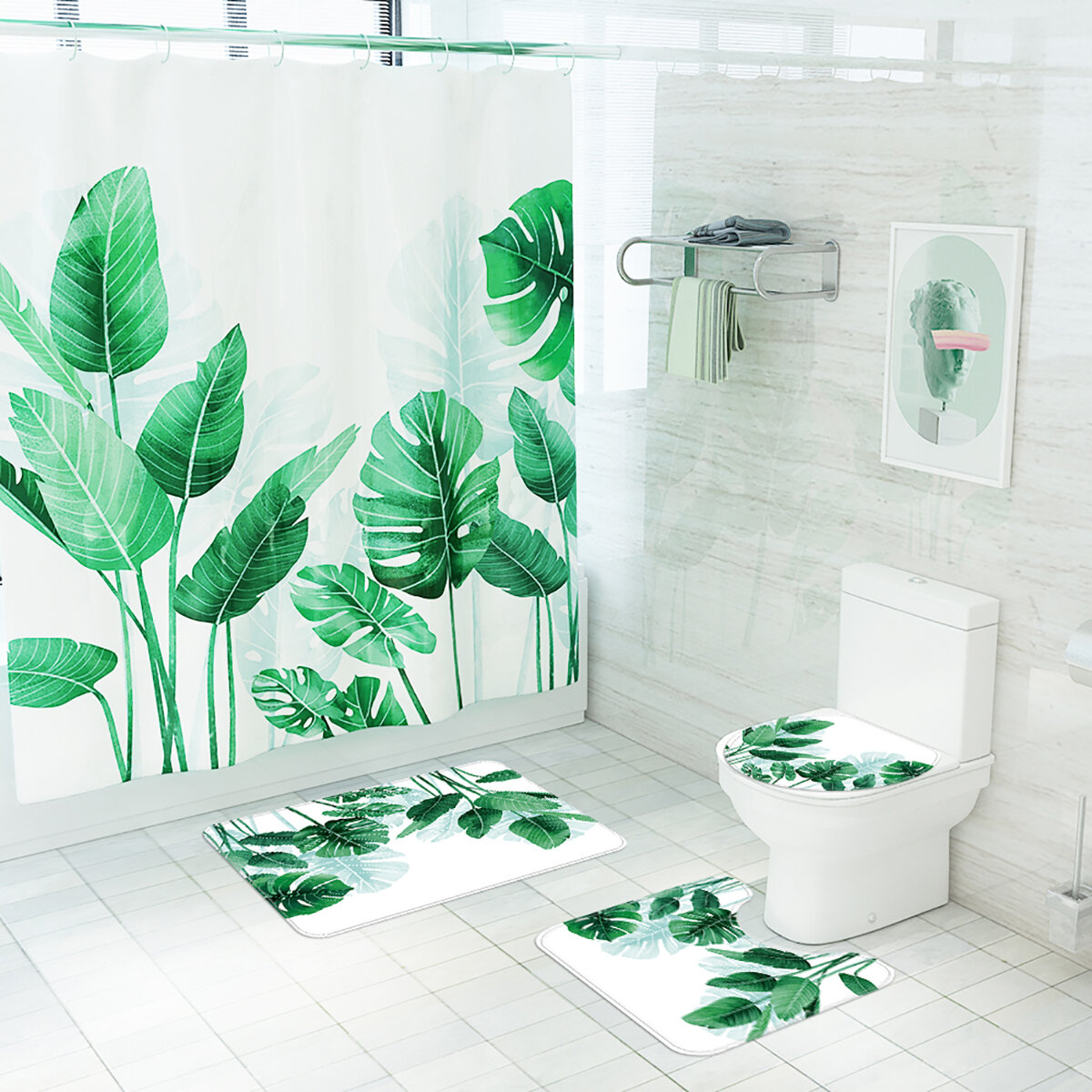 180x180cm Plantain Turtle Leaf Waterproof Shower Curtain 3/4PCS Bathroom Odorless Non-toxic Mat Kit