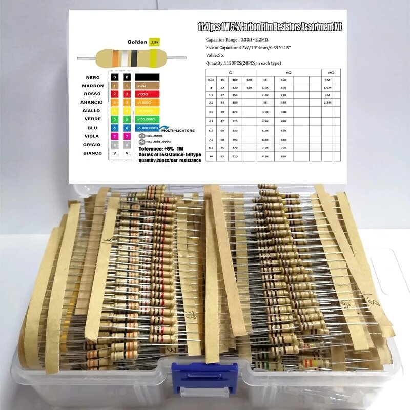 1120PCS 56 Values*20PCS 1W 5% 0.33R-2.2M Ohm Carbon Film Resistor Kit