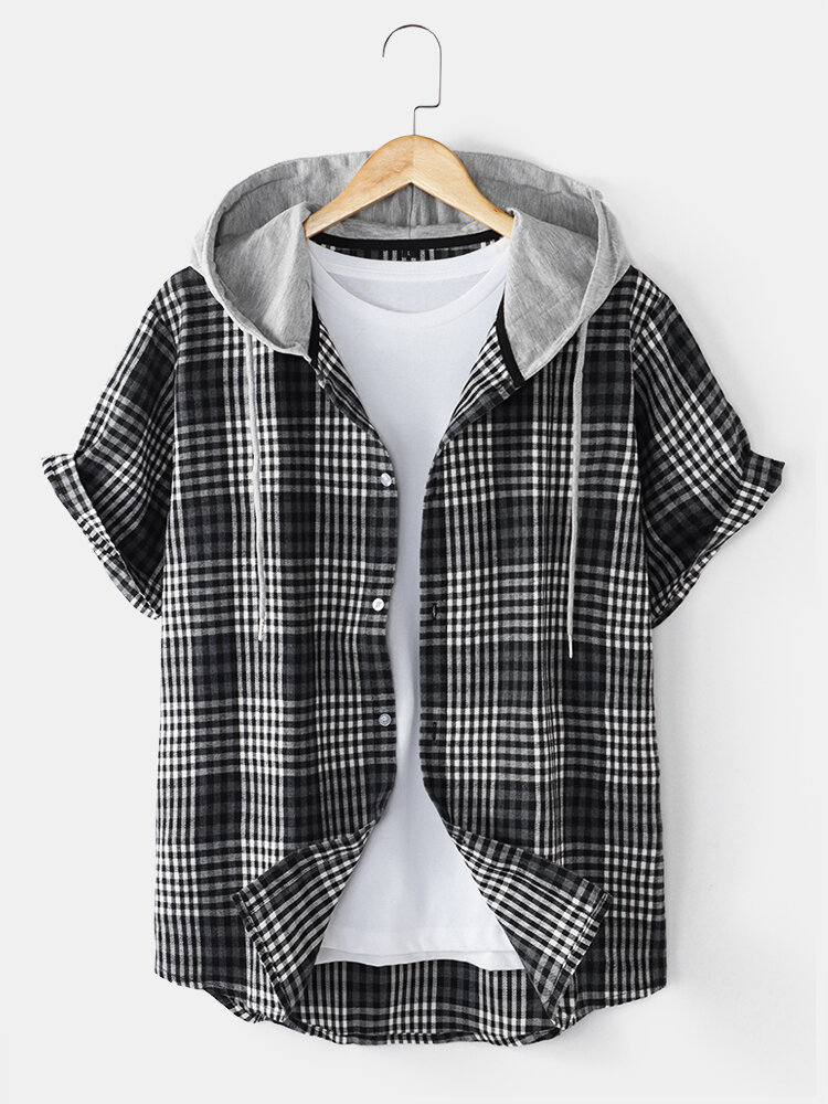 Heren geruite button-up korte mouwen casual contrast hooded shirts
