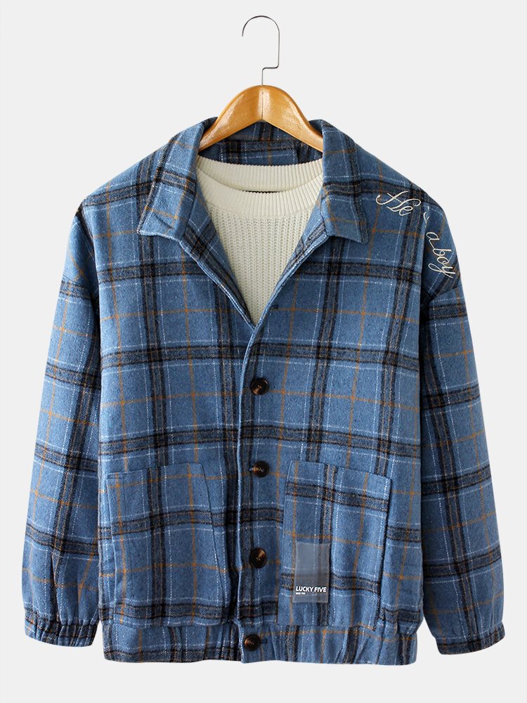 Mens Vintage Plaid Lapel Woolen Long Sleeve Bodycon Hem Jacket With Pocket