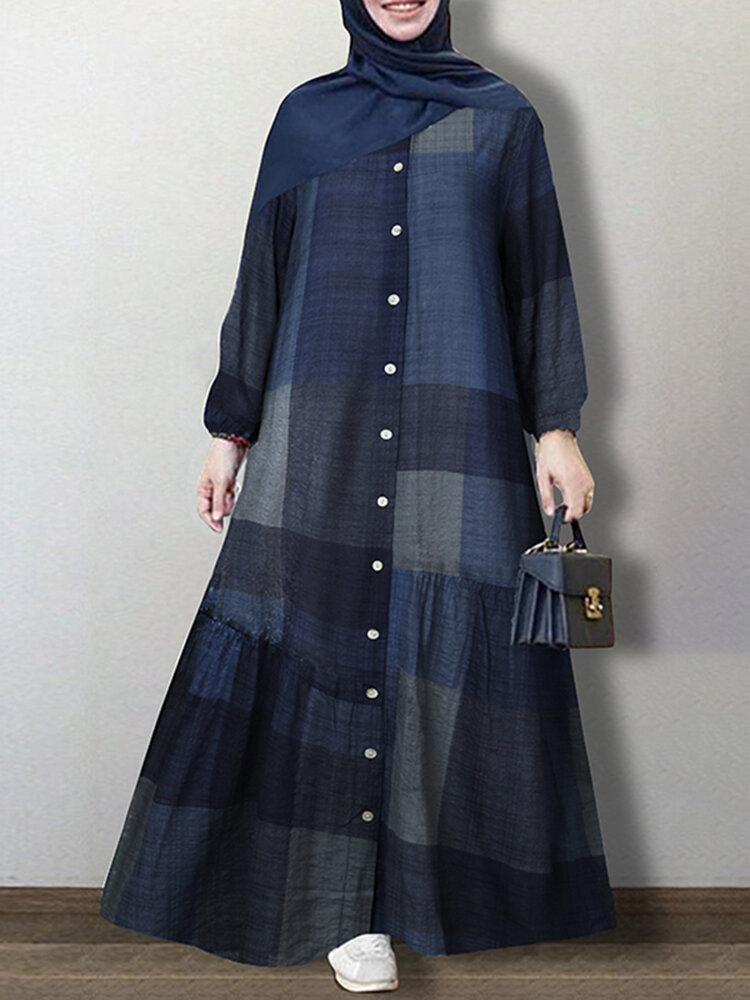 

Женская сетка с принтом на пуговицах спереди эластичная Манжеты Богемный макси с круглым вырезом Рубашка Платье