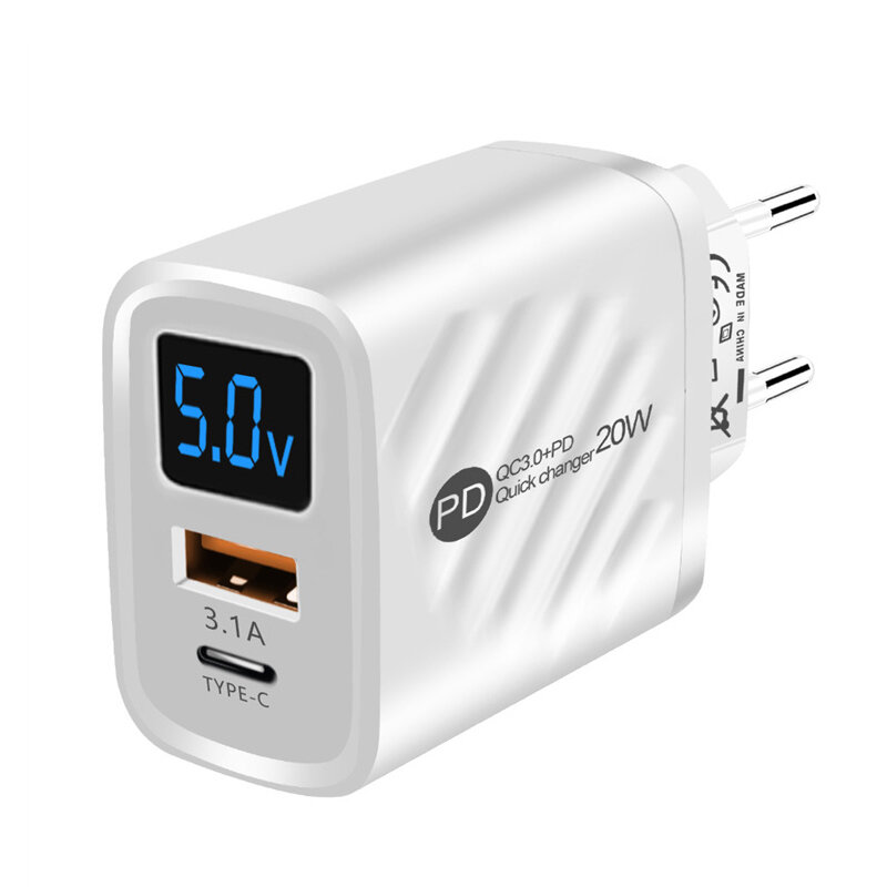 

20W 2-Port USB PD Charger USB-A+Type-C PD QC3.0 2.0 AFC FCP Apple2.4A Fast Charging Wall Charger Adapter EU Plug for iPh