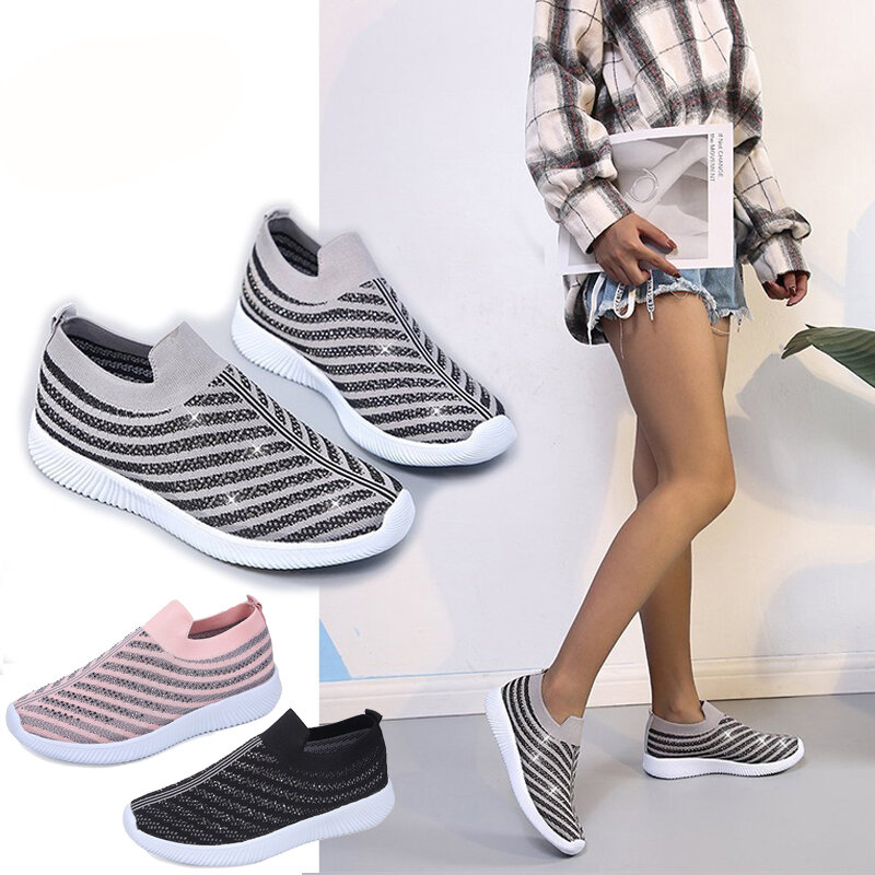 Women Loafers Crystal Bright Sneakers Sock Shoes Anti-slip Mesh Breathable Running Shoes Outdoor Hiking