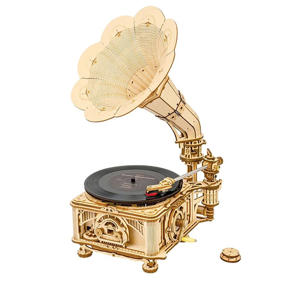 best price,robotime,hand,crank,classic,gramophone,with,music,1:1,424pcs,electric,discount