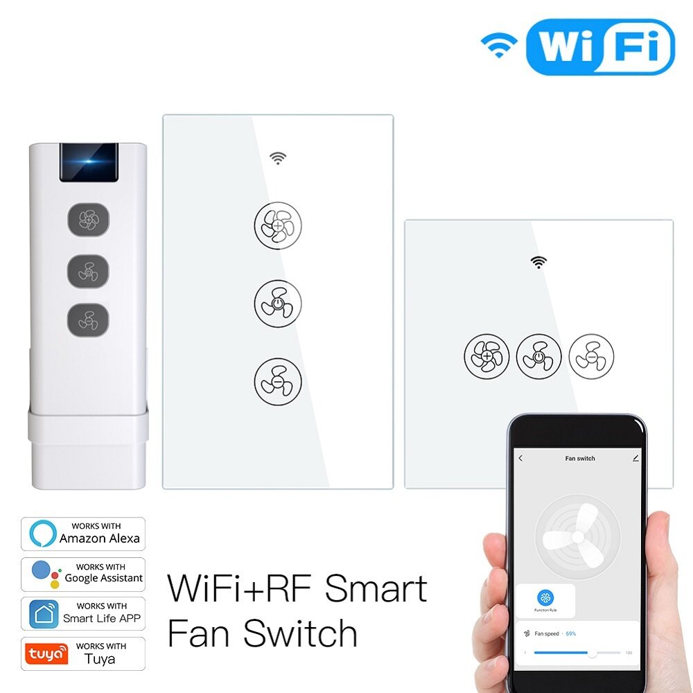 

MoesHouse WiFi RF433 Smart Ceiling Fan Switch Smart Life/Tuya App 2/3 Way Control Wireless Remote Control Works with Ale