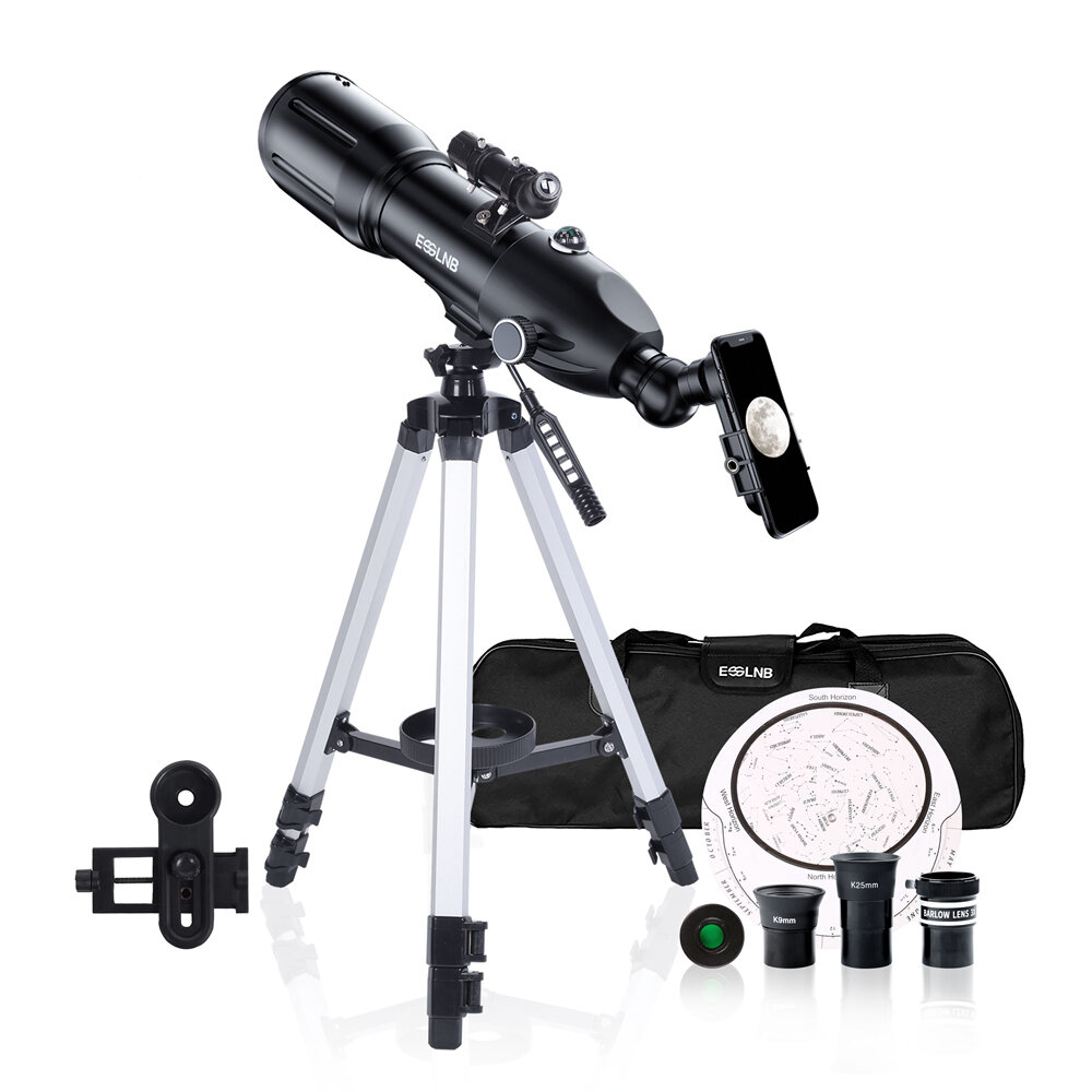 [UE/US Direct] Telescópios astronômicos ESSLNB ES2012 16-133X para adultos e crianças iniciantes em astronomia, telescópios de viagem de 80 mm com suporte para telefone 10X e filtro lunar