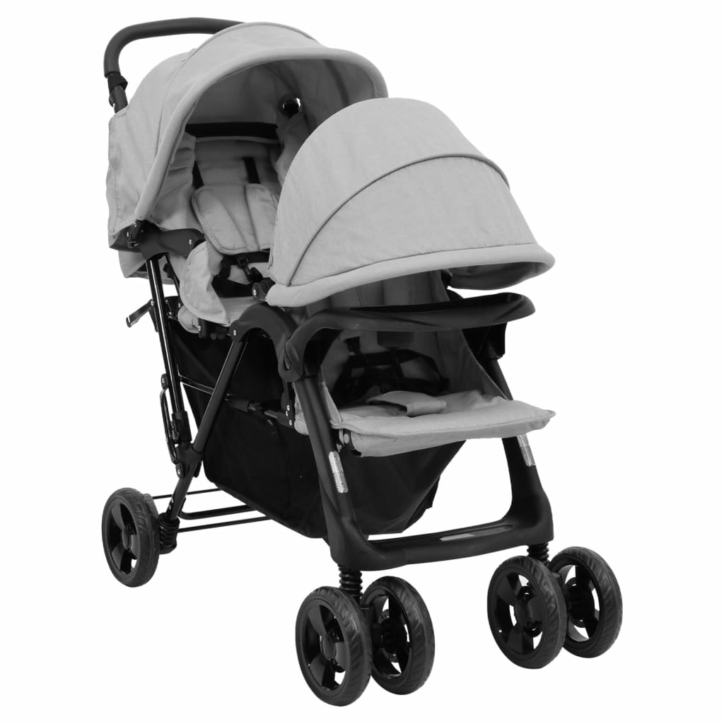 

[EU Direct] vidaXL 10347 Tandem Twin Stroller Light Grey Steel Luxury Baby Stroller Cart Portable Pushchair Infant Carri