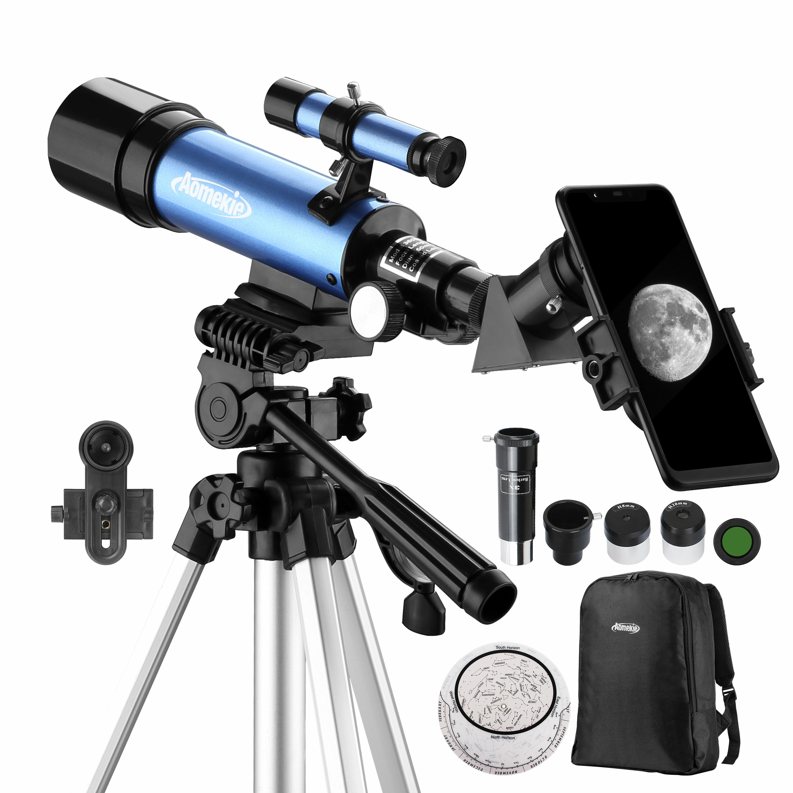 AOMEKIE 18X-135X 天体望遠鏡、50mm 口径屈折望遠鏡、電話アダプター付き、天文初心者向けの調整可能な三脚。