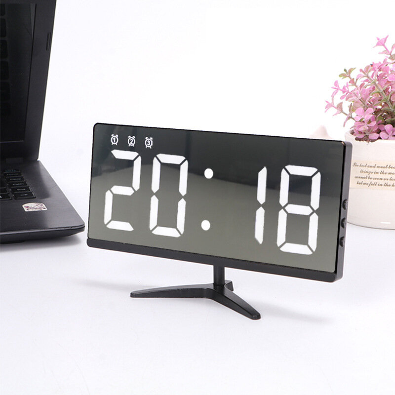 

6615 Framless Mirror Clock Touch Control Digital Alarm Clock LED Table Clock Electronic Time Date Temperature Display Of