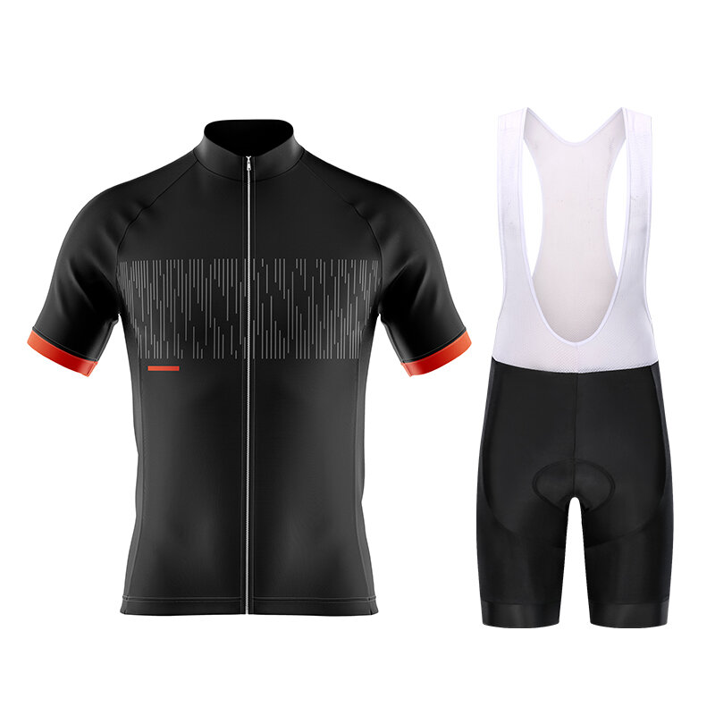 Conjuntos de roupas de ciclismo de verão que incluem calças curtas com alças e camisetas para bicicletas de montanha e estrada, feitas de materiais respiráveis.